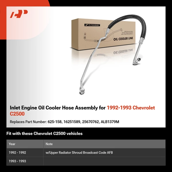 Inlet Engine Oil Cooler Hose Assembly for 1992-1993 Chevrolet C2500
