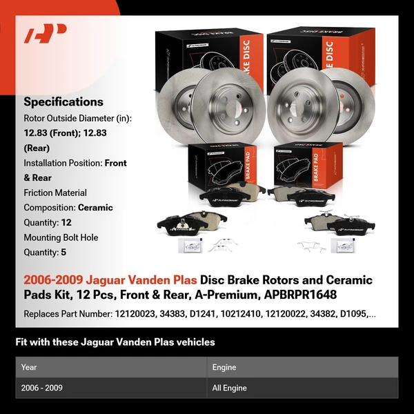 2006-2009 Jaguar Vanden Plas Disc Brake Rotors and Ceramic Pads Kit, 12 Pcs, Front & Rear, A-Premium, APBRPR1648