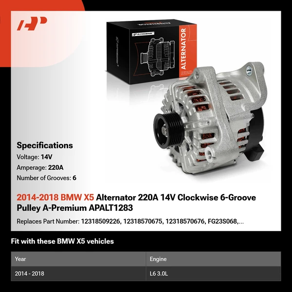 2014-2018 BMW X5 Alternator 220A 14V Clockwise 6-Groove Pulley A-Premium APALT1283