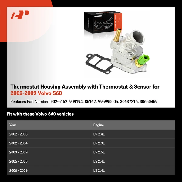 Thermostat Housing Assembly with Thermostat & Sensor for 2002-2009 Volvo S60