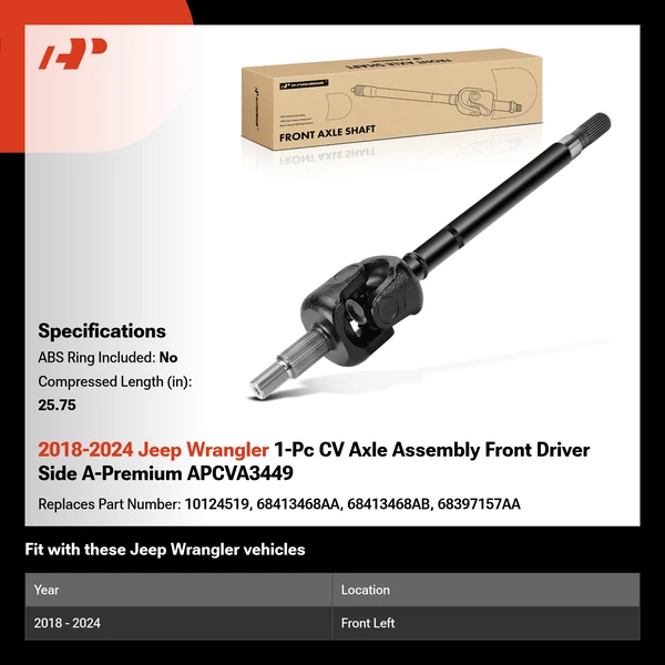 2018-2024 Jeep Wrangler 1-Pc CV Axle Assembly Front Driver Side A-Premium APCVA3449
