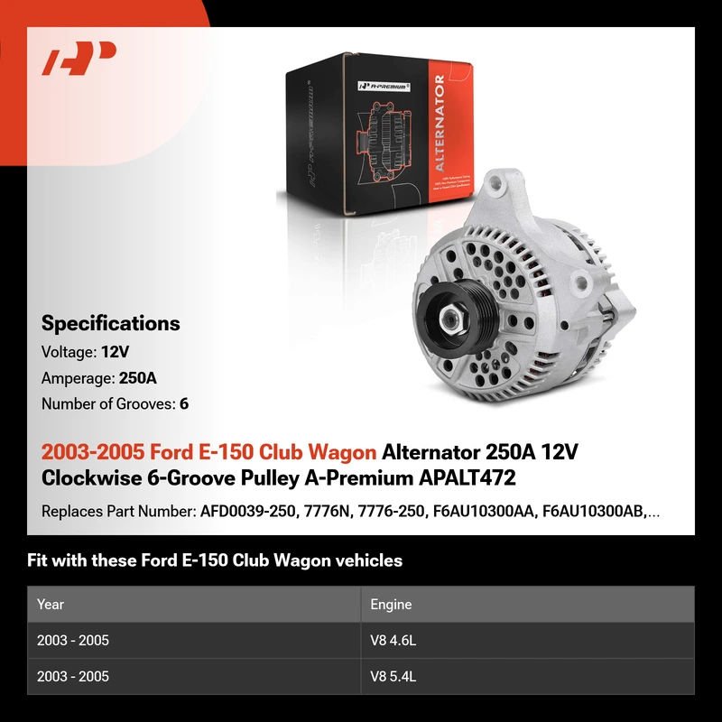2003-2005 Ford E-150 Club Wagon Alternator 250A 12V Clockwise 6-Groove Pulley A-Premium APALT472
