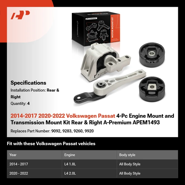 2014-2017 2020-2022 Volkswagen Passat 4-Pc Engine Mount and Transmission Mount Kit Rear & Right A-Premium APEM1493