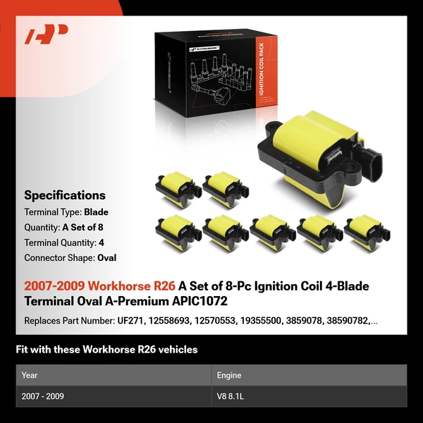 2007-2009 Workhorse R26 A Set of 8-Pc Ignition Coil 4-Blade Terminal Oval A-Premium APIC1072