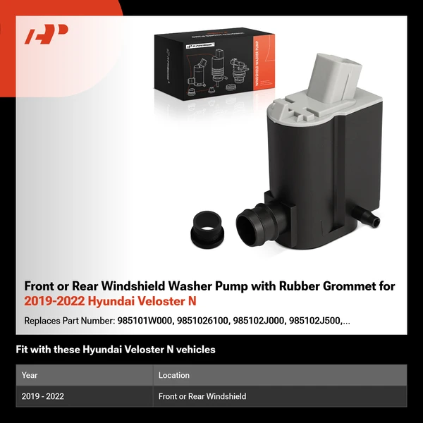 Front or Rear Windshield Washer Pump with Rubber Grommet for 2019-2022 Hyundai Veloster N