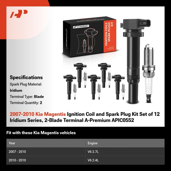 2007-2010 Kia Magentis Ignition Coil and Spark Plug Kit Set of 12 Iridium Series, 2-Blade Terminal A-Premium APIC0552