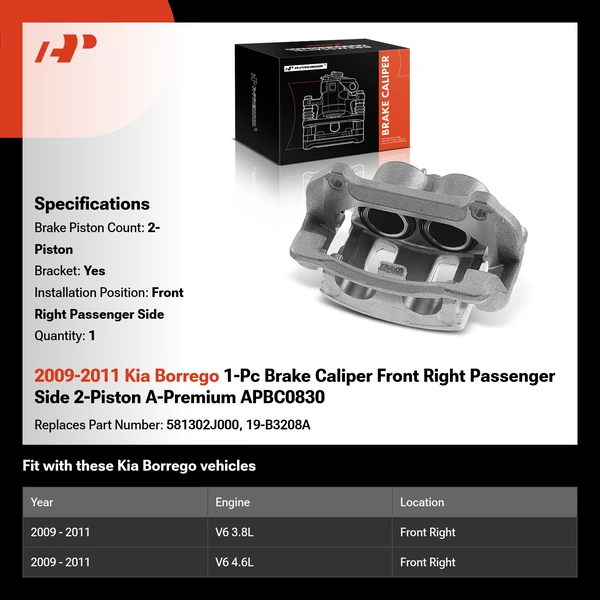 2009-2011 Kia Borrego 1-Pc Brake Caliper Front Right Passenger Side 2-Piston A-Premium APBC0830