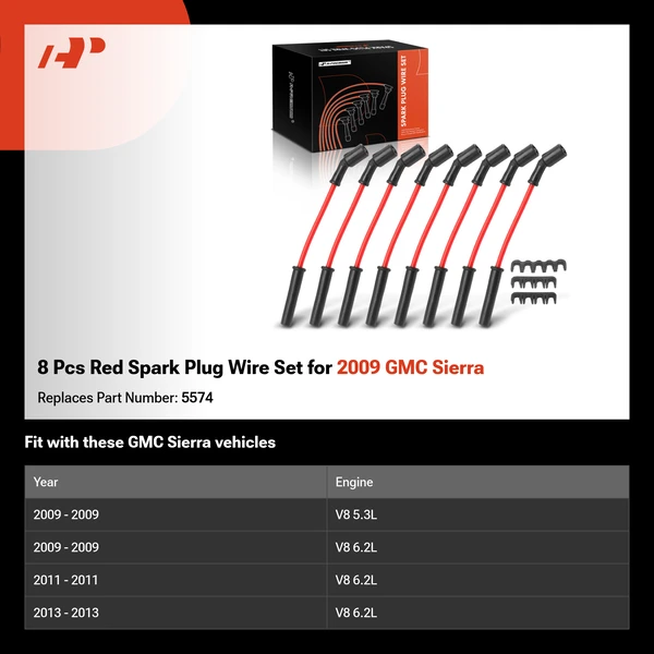8 Pcs Red Spark Plug Wire Set for 2009 GMC Sierra