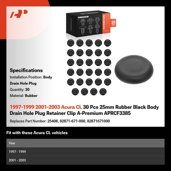 1997-1999 2001-2003 Acura CL 30 Pcs 25mm Rubber Black Body Drain Hole Plug A-Premium APRCF3385