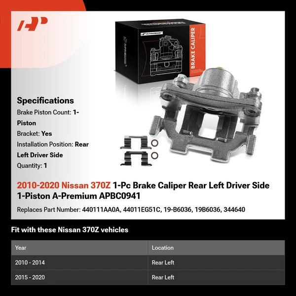2010-2020 Nissan 370Z 1-Pc Brake Caliper Rear Left Driver Side 1-Piston A-Premium APBC0941