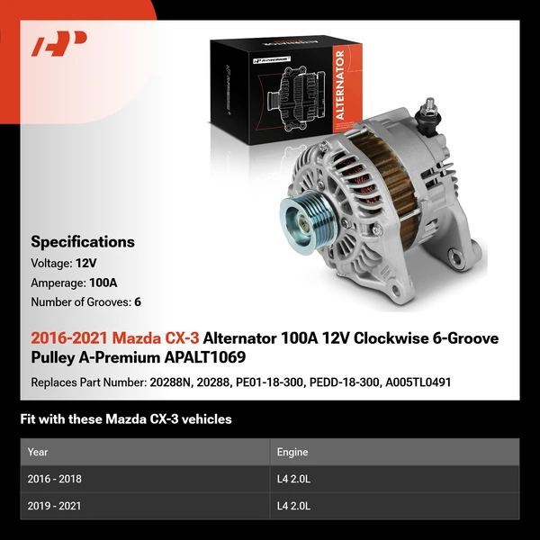 2016-2021 Mazda CX-3 Alternator 100A 12V Clockwise 6-Groove Pulley A-Premium APALT1069