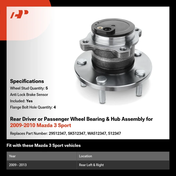 Rear Driver or Passenger Wheel Bearing & Hub Assembly for 2009-2010 Mazda 3 Sport