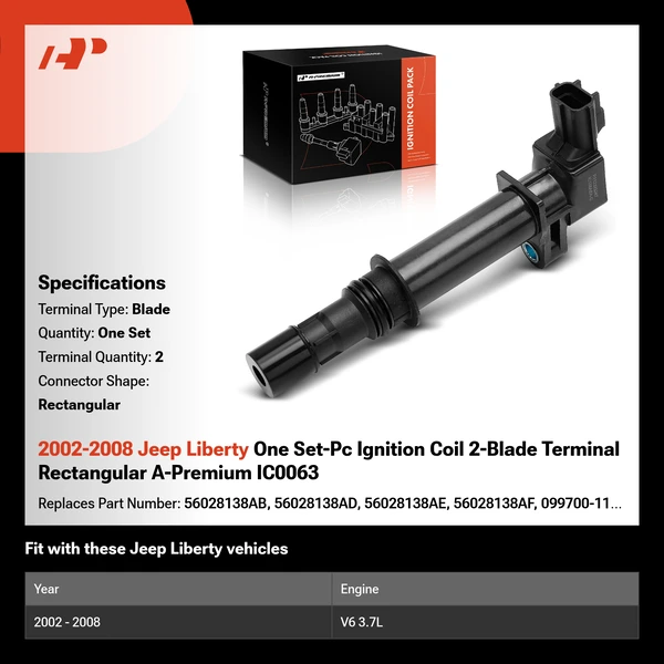 2002-2008 Jeep Liberty One Set-Pc Ignition Coil 2-Blade Terminal Rectangular A-Premium IC0063