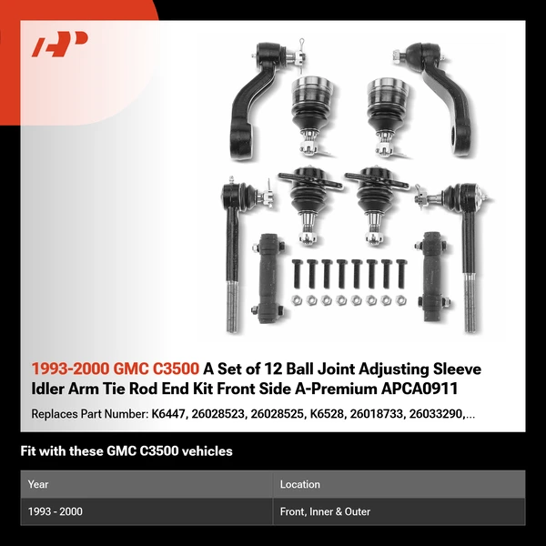 1993-2000 GMC C3500 A Set of 12 Ball Joint Adjusting Sleeve Idler Arm Tie Rod End Kit Front Side A-Premium APCA0911