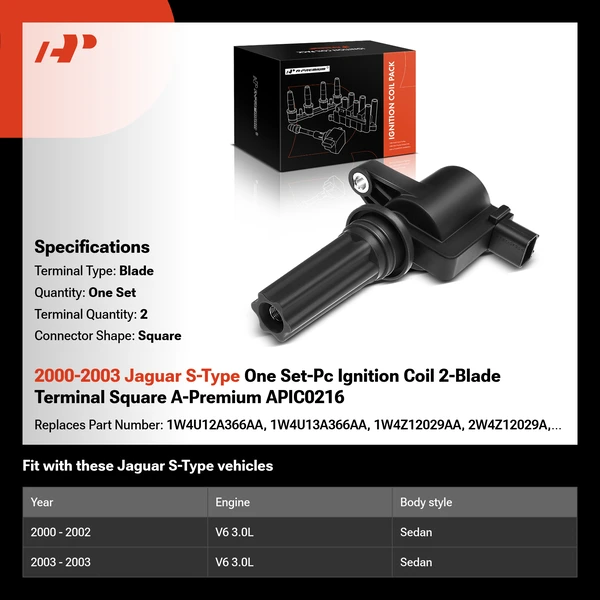 2000-2003 Jaguar S-Type One Set-Pc Ignition Coil 2-Blade Terminal Square A-Premium APIC0216
