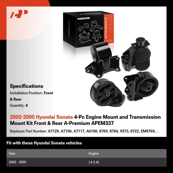 2002-2005 Hyundai Sonata 4-Pc Engine Mount and Transmission Mount Kit Front & Rear A-Premium APEM337