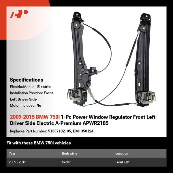 2009-2015 BMW 750i 1-Pc Power Window Regulator Front Left Driver Side Electric A-Premium APWR2185
