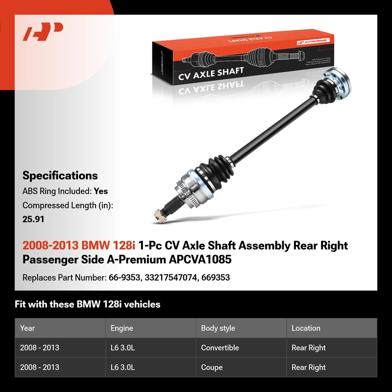 2008-2013 BMW 128i 1-Pc CV Axle Shaft Assembly Rear Right Passenger Side A-Premium APCVA1085