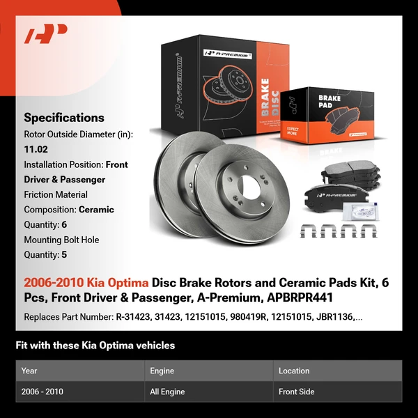 2006-2010 Kia Optima Disc Brake Rotors and Ceramic Pads Kit, 6 Pcs, Front Driver & Passenger, A-Premium, APBRPR441