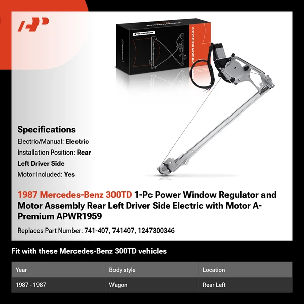 1987 Mercedes-Benz 300TD 1-Pc Power Window Regulator and Motor Assembly Rear Left Driver Side Electric with Motor A-Premium APWR1959