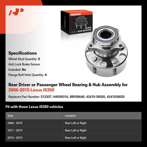 Rear Driver or Passenger Wheel Bearing & Hub Assembly for 2006-2015 Lexus IS350