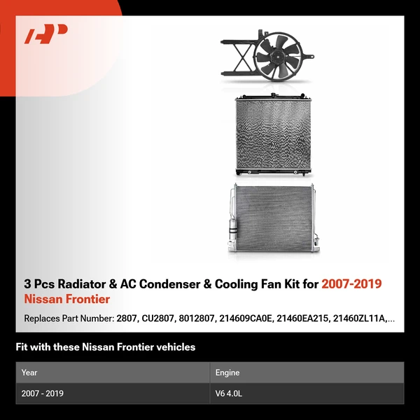 3 Pcs Radiator & AC Condenser & Cooling Fan Kit for 2007-2019 Nissan Frontier