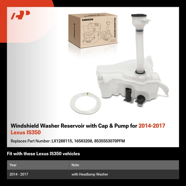Windshield Washer Reservoir with Cap & Pump for 2014-2017 Lexus IS350