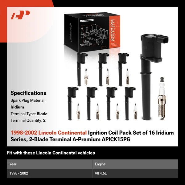 1998-2002 Lincoln Continental Ignition Coil Pack Set of 16 Iridium Series, 2-Blade Terminal A-Premium APICK15PG
