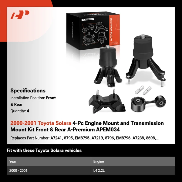 2000-2001 Toyota Solara 4-Pc Engine Mount and Transmission Mount Kit Front & Rear A-Premium APEM034