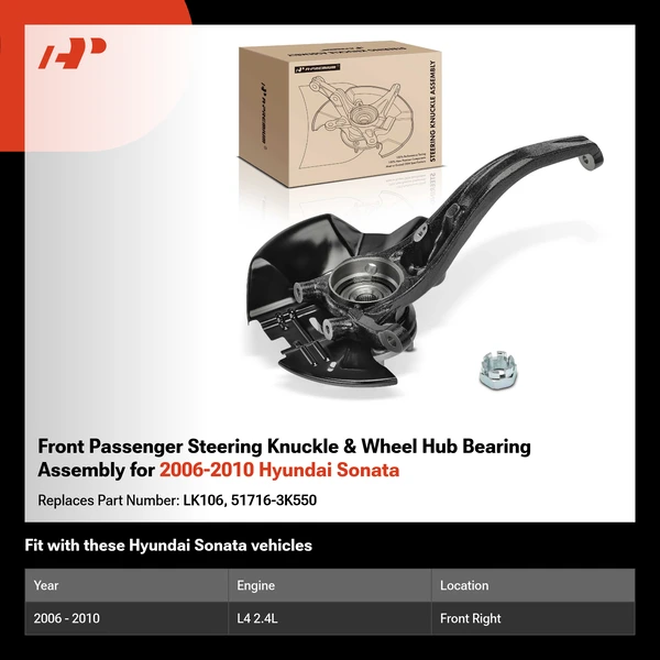 Front Passenger Steering Knuckle & Wheel Hub Bearing Assembly for 2006-2010 Hyundai Sonata