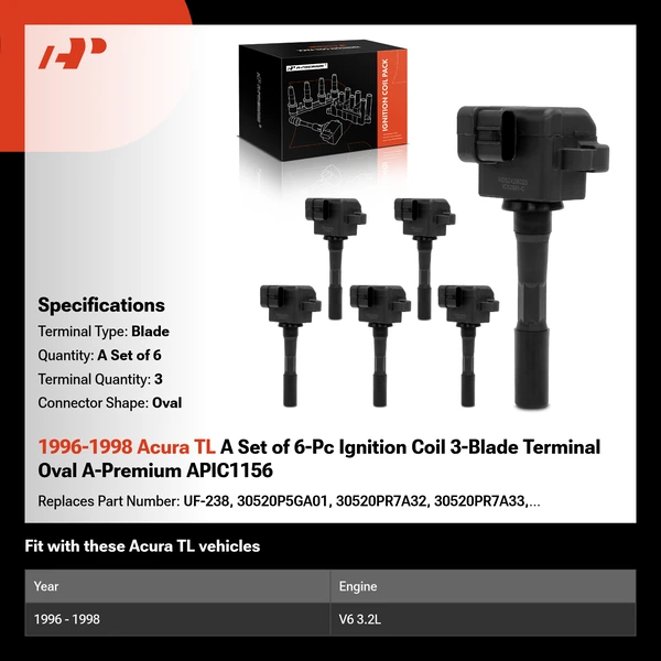 1996-1998 Acura TL A Set of 6-Pc Ignition Coil 3-Blade Terminal Oval A-Premium APIC1156