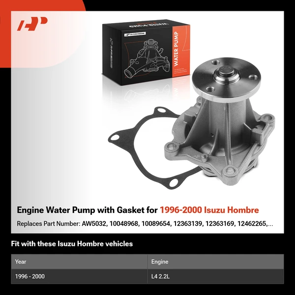 Engine Water Pump with Gasket for 1996-2000 Isuzu Hombre