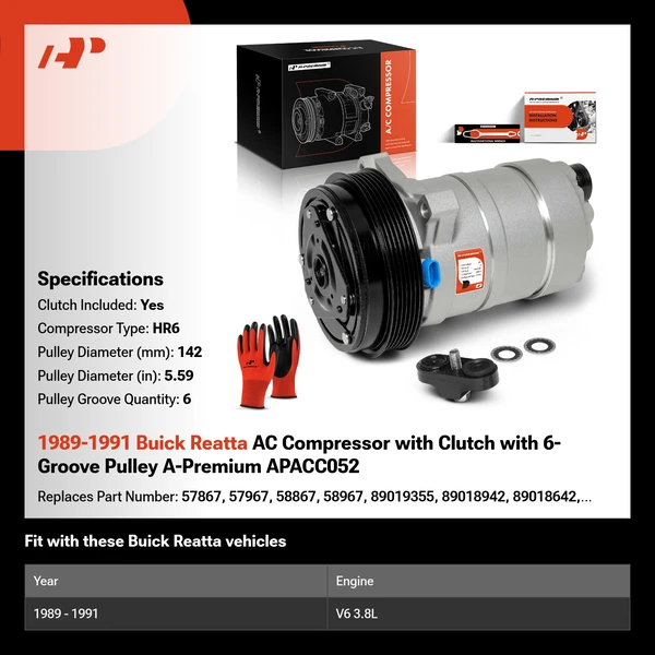 1989-1991 Buick Reatta AC Compressor with Clutch with 6-Groove Pulley A-Premium APACC052