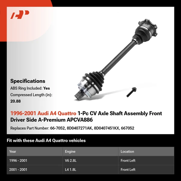1996-2001 Audi A4 Quattro 1-Pc CV Axle Shaft Assembly Front Driver Side A-Premium APCVA886