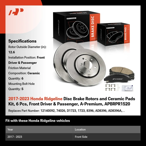 2017-2023 Honda Ridgeline Disc Brake Rotors and Ceramic Pads Kit, 6 Pcs, Front Driver & Passenger, A-Premium, APBRPR1520