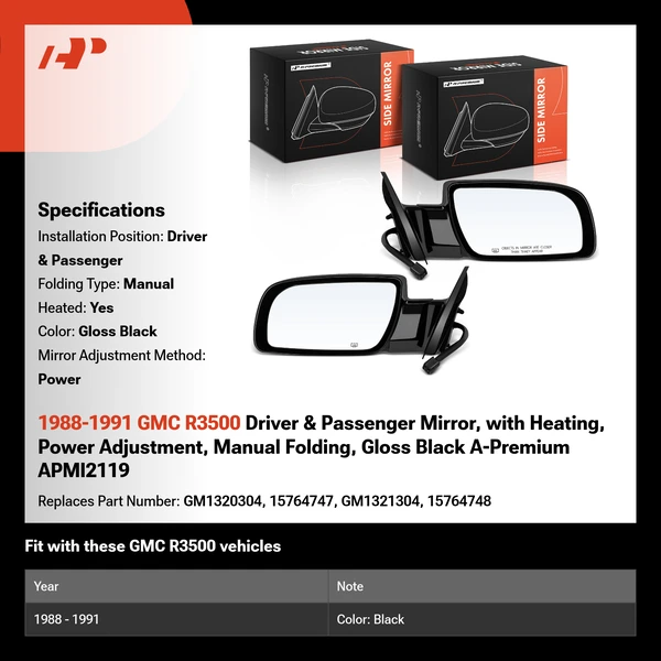 1988-1991 GMC R3500 Driver & Passenger Mirror, with Heating, Power Adjustment, Manual Folding, Gloss Black A-Premium APMI2119