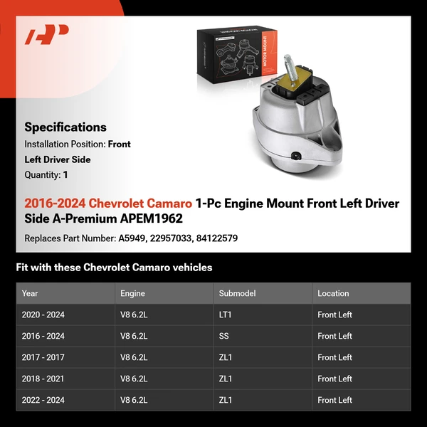 2016-2024 Chevrolet Camaro 1-Pc Engine Mount Front Left Driver Side A-Premium APEM1962
