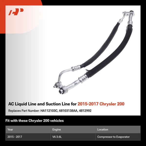AC Liquid Line and Suction Line for 2015-2017 Chrysler 200