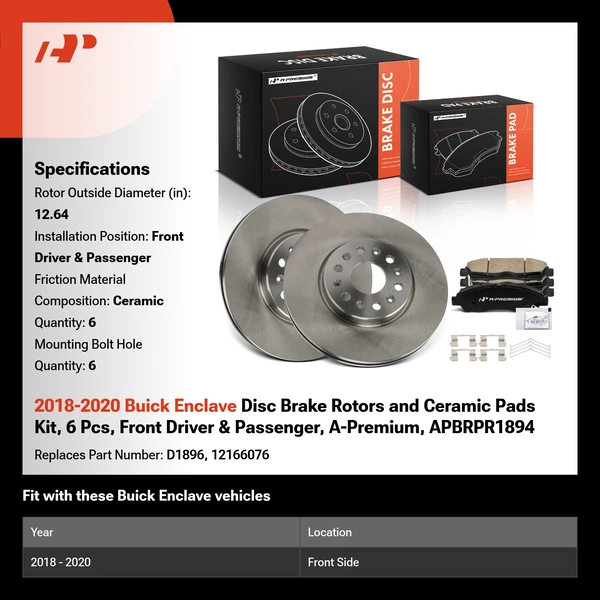 2018-2020 Buick Enclave Disc Brake Rotors and Ceramic Pads Kit, 6 Pcs, Front Driver & Passenger, A-Premium, APBRPR1894