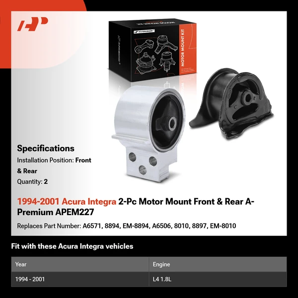 1994-2001 Acura Integra 2-Pc Motor Mount Front & Rear A-Premium APEM227