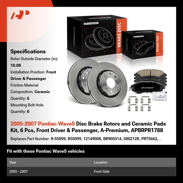 2005-2007 Pontiac Wave5 Disc Brake Rotors and Ceramic Pads Kit, 6 Pcs, Front Driver & Passenger, A-Premium, APBRPR1788