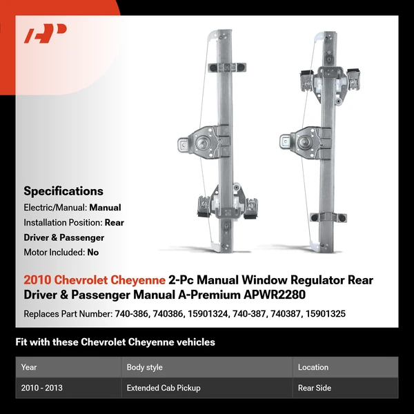 2010 Chevrolet Cheyenne 2-Pc Manual Window Regulator Rear Driver & Passenger Manual A-Premium APWR2280
