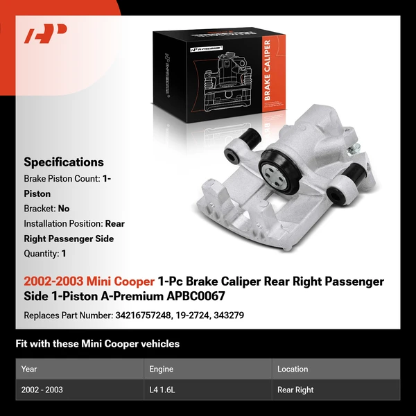 2002-2003 Mini Cooper 1-Pc Brake Caliper Rear Right Passenger Side 1-Piston A-Premium APBC0067
