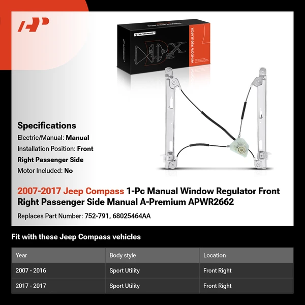 2007-2017 Jeep Compass 1-Pc Manual Window Regulator Front Right Passenger Side Manual A-Premium APWR2662