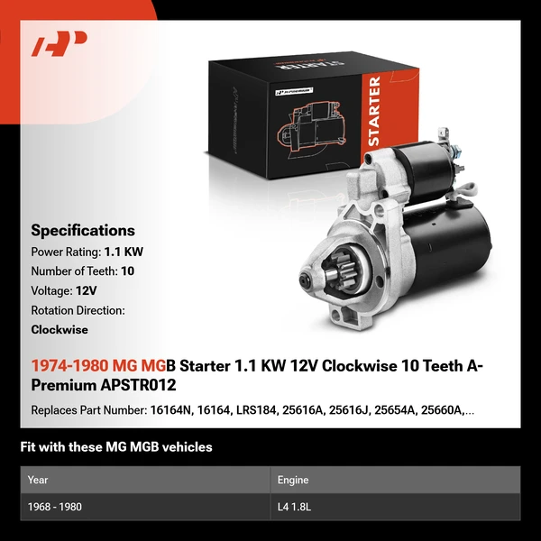 1974-1980 MG MGB Starter 1.1 KW 12V Clockwise 10 Teeth A-Premium APSTR012