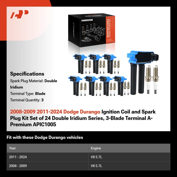 2008-2009 2011-2024 Dodge Durango Ignition Coil and Spark Plug Kit Set of 24 Double Iridium Series, 3-Blade Terminal A-Premium APIC1005