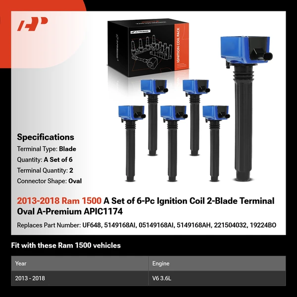 2013-2018 Ram 1500 A Set of 6-Pc Ignition Coil 2-Blade Terminal Oval A-Premium APIC1174