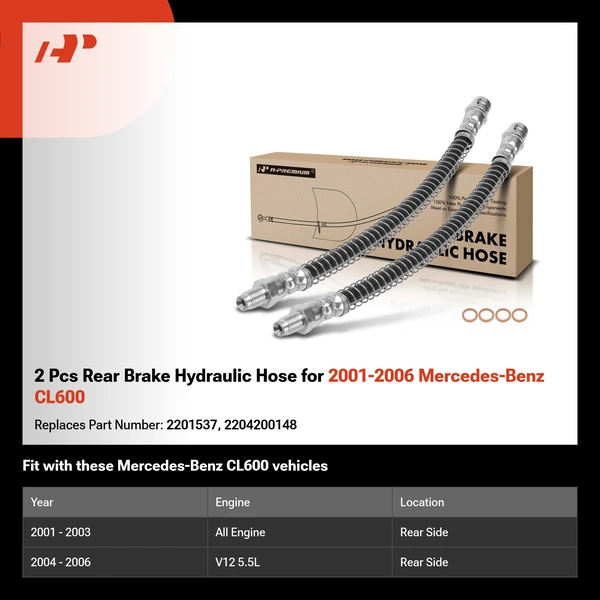 2 Pcs Rear Brake Hydraulic Hose for 2001-2006 Mercedes-Benz CL600