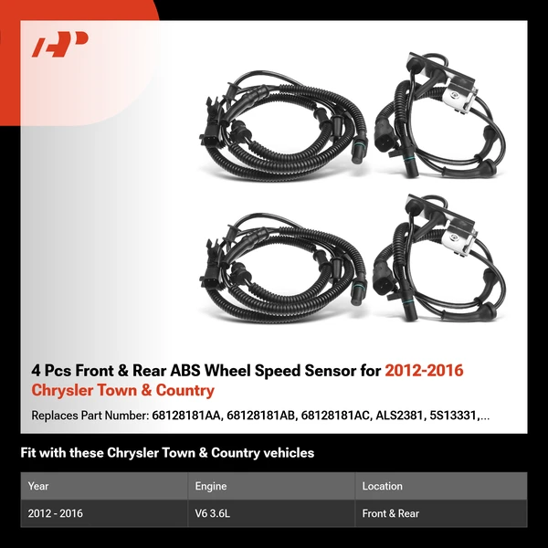 4 Pcs Front & Rear ABS Wheel Speed Sensor for 2012-2016 Chrysler Town & Country