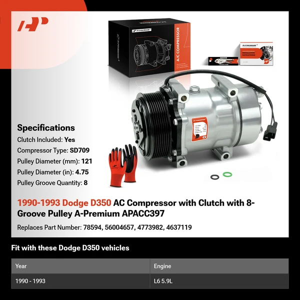 1990-1993 Dodge D350 AC Compressor with Clutch with 8-Groove Pulley A-Premium APACC397